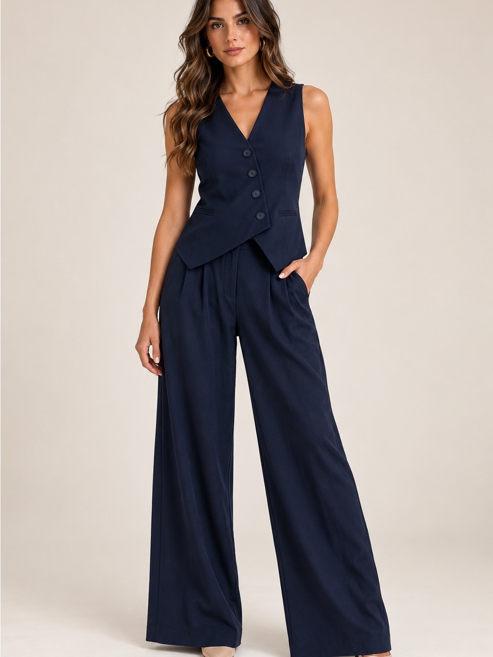 Navy Sleeveless Tailored Crop Vest